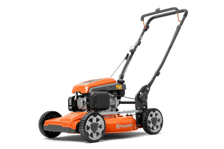 Husqvarna LB 251S selvkørende plæneklipper – 51 cm – Set fra siden af en Husqvarna-plæneklipper med justerbart håndtag.