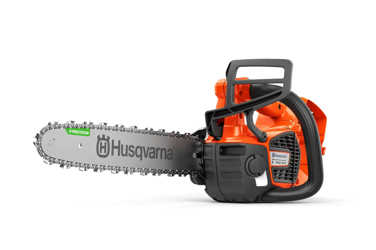 Husqvarna T542i XP G tophåndtagssav – 35 cm – Set fra siden af en håndholdt Husqvarna-kædesav, som viser sværdet, kæden og det bageste håndtag.