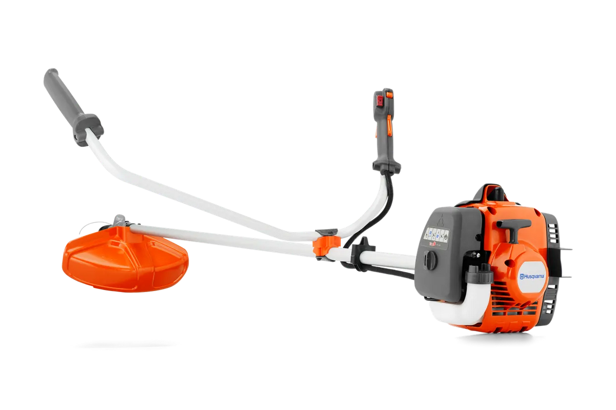 Husqvarna 129R buskrydder med trimmerhoved og klinge – produktfoto