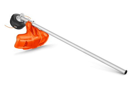 Husqvarna 325iLK kombitrimmer – uden batteri – Set fra siden af et trimmerhoved med beskyttelsesskærm og langt skaft.