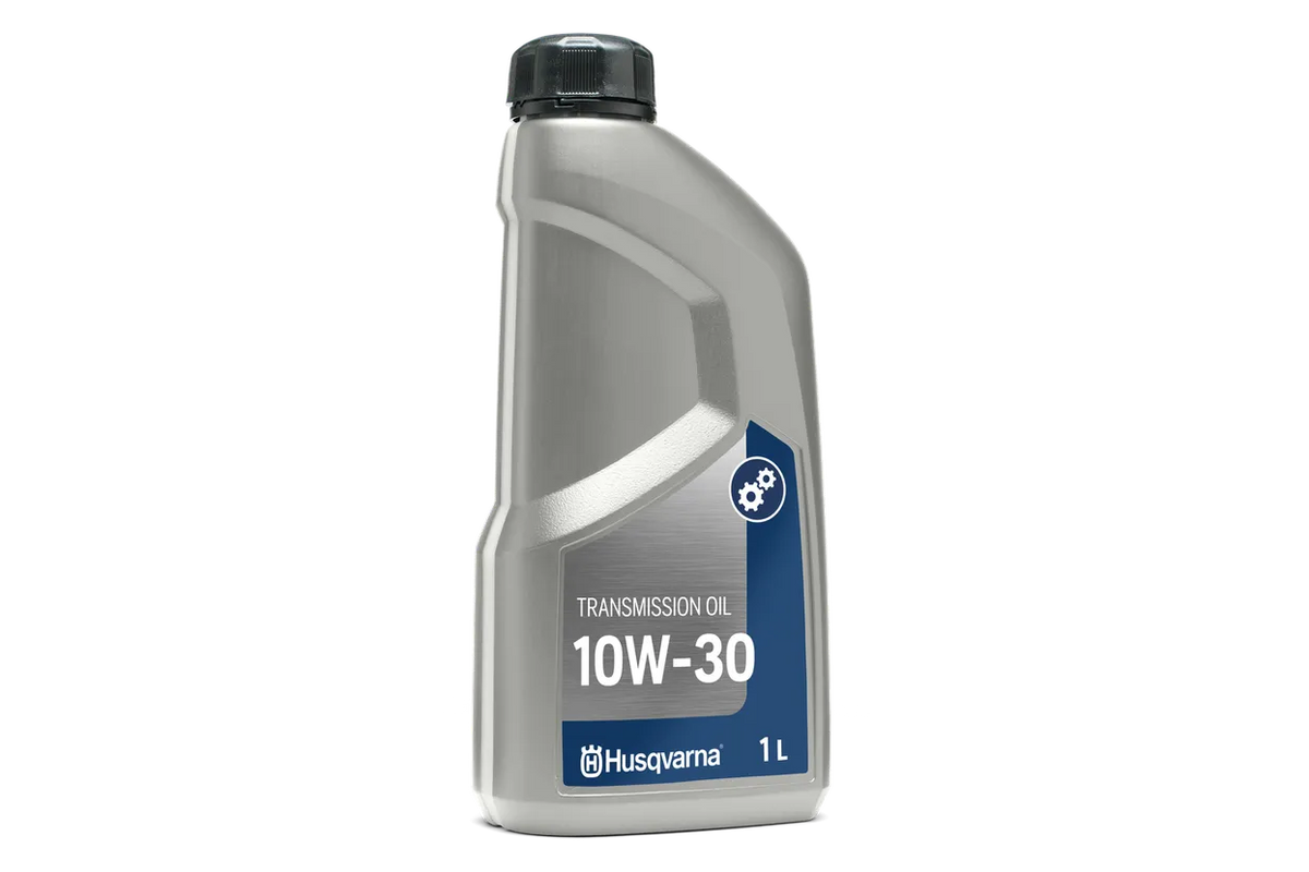 Husqvarna transmissionsolie 10W-30 AWD – 4 liter – Set forfra af en Husqvarna-gearkasseolieflaske mærket 10W-30, 1 liter.