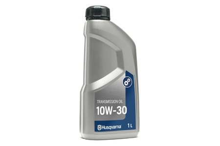 Husqvarna transmissionsolie 10W-30 AWD – 4 liter – Set forfra af en Husqvarna-gearkasseolieflaske mærket 10W-30, 1 liter.
