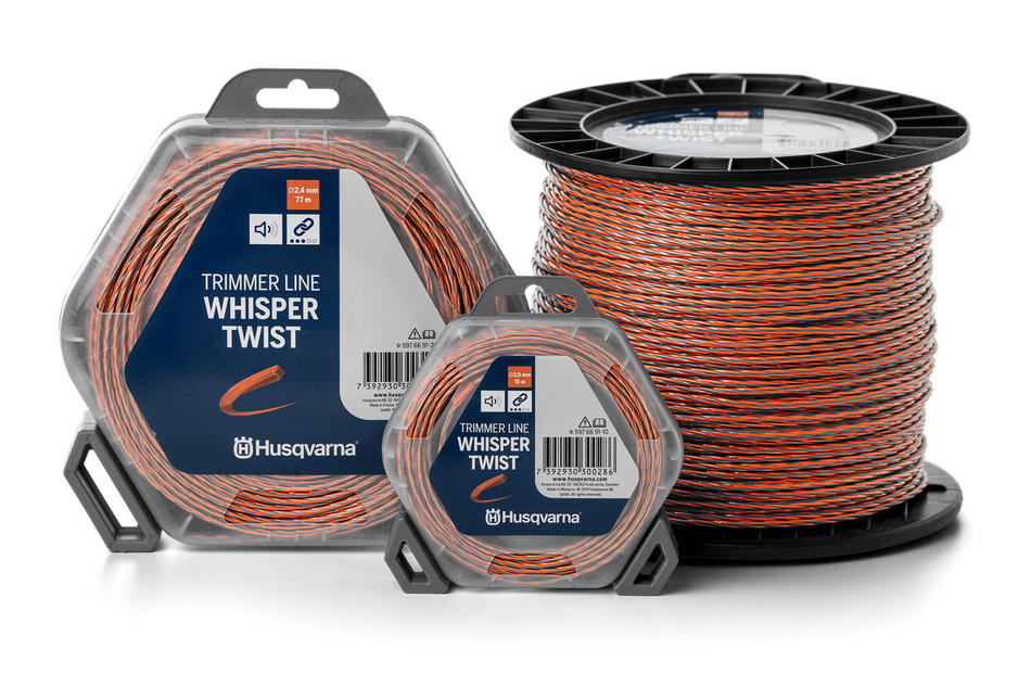 Husqvarna Whisper Twist trimmersnøre – 1,5 mm × 15 m – seriefoto med flere pakningsstørrelser