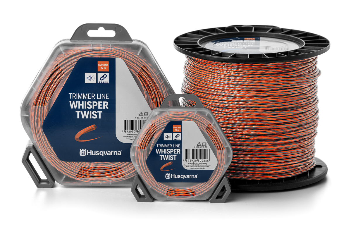Husqvarna Whisper Twist trimmersnøre – 2,7 mm × 60 m – seriefoto med flere pakningsstørrelser