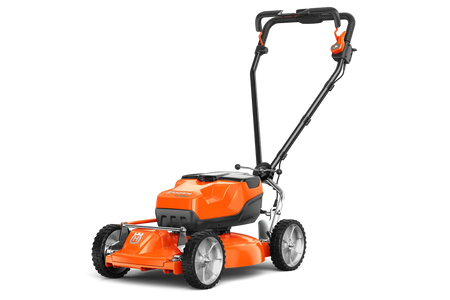 Husqvarna LB 448iV batteriplæneklipper – uden batteri – Set fra siden af en batteridrevet Husqvarna-plæneklipper.