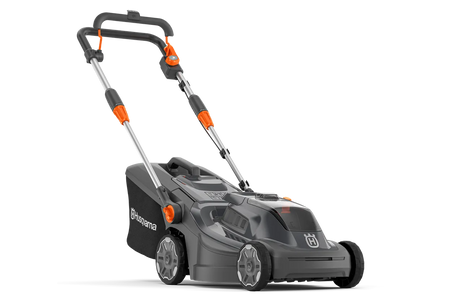 Husqvarna Aspire LC34-P4A – uden batteri – Set fra siden af en batteridrevet Husqvarna-plæneklipper.