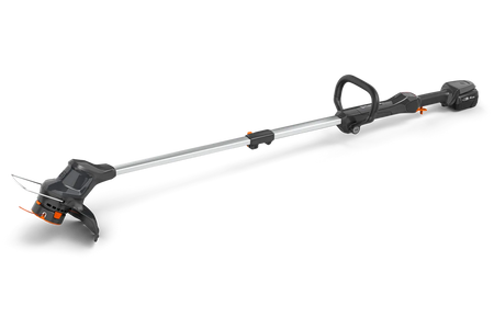 Husqvarna Aspire T28-P4A trimmer – B72 og C70 – Widok z boku akumulatorowej podkaszarki do trawy z ergonomicznym uchwytem.